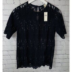 NWT EN ELLE by ANTHROPOLOGIE Navy Blue Lace Short Sleeve Blouse Shirt Sz 4 $98.